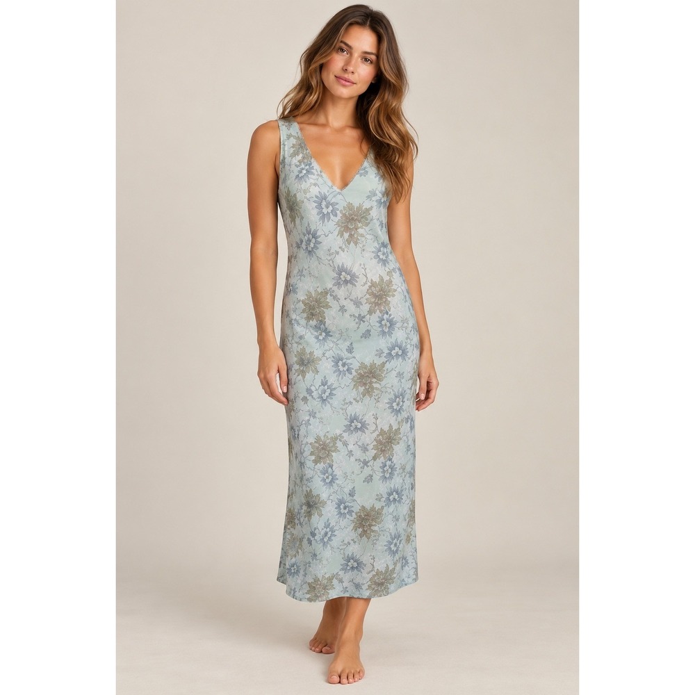 Blue Stem 90's Floral Ethereal V-Neck Chiffon Sleeveless Maxi Dress, Medium